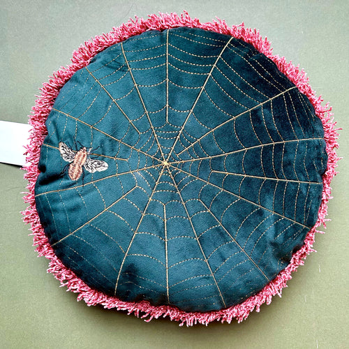 Embroidered velvet spiderweb cushion green (sample)