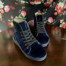 Load image into Gallery viewer, Midnight Flight Blue Velvet Ankle Boots