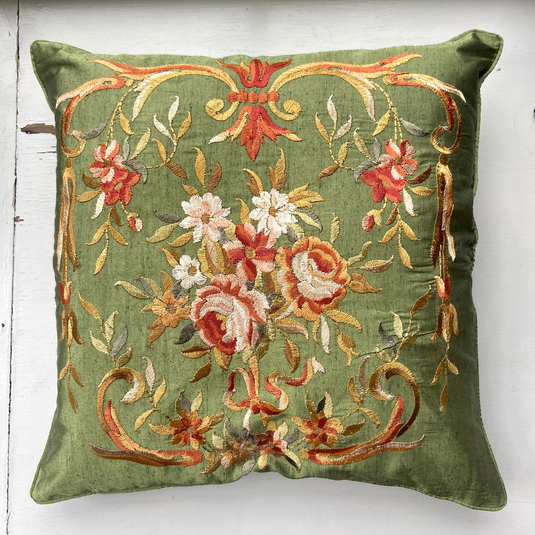 Green Cushion Cover embroidered with Rose and Bows