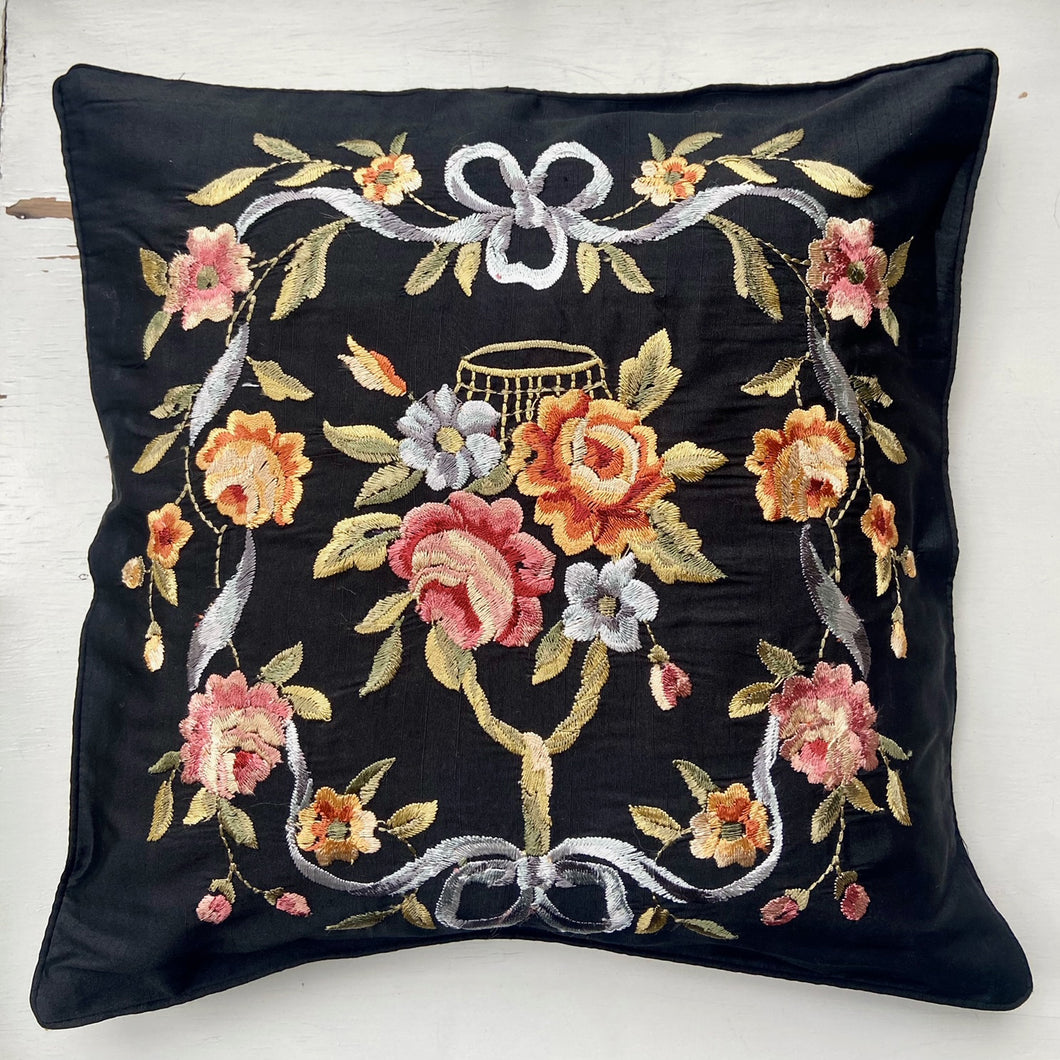 Black Bows and Roses Embroidered Cushion Cover